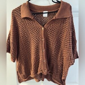 🤎 Wild Fable Crochet Button-Down Sweater Top – Size Large – Brown Open-Knit